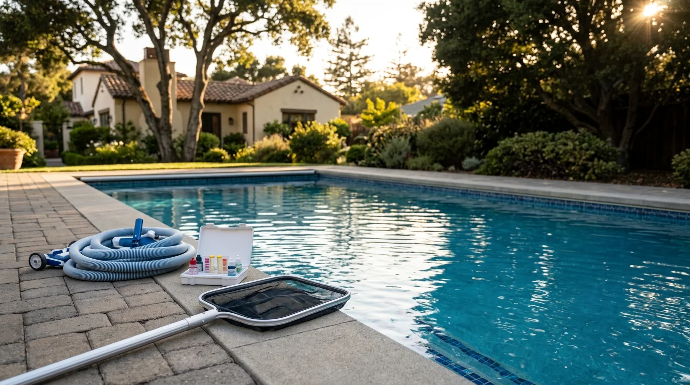 Pool technician cleaning and maintaining a residential pool
