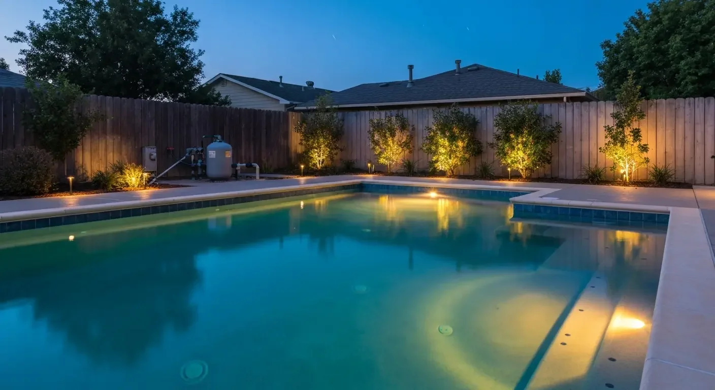 Night view of in-ground pool with tile waterline, concrete coping, underwater lighting, and uplit trees along wood fence