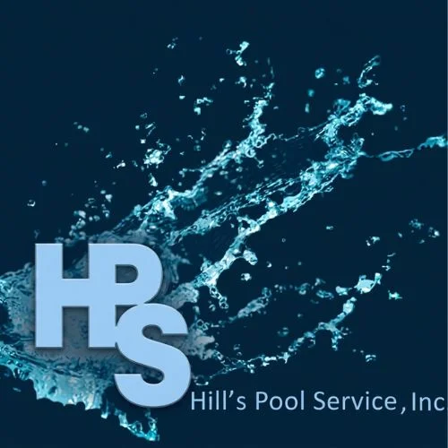 Hill's Pool Service logo with stacked light blue HPS letters over a dark navy background and turquoise water splash graphics