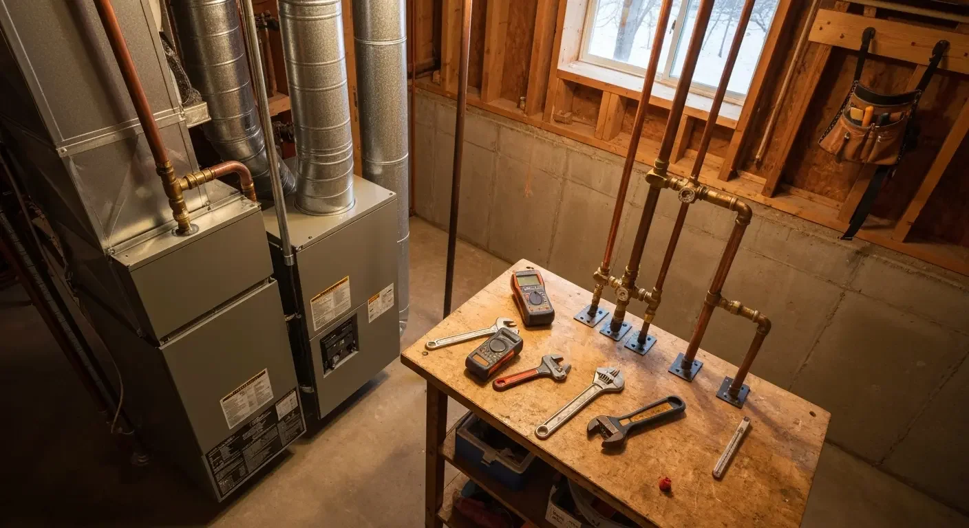 Gray furnace with silver ductwork, copper pipe, brass fittings on workbench, adjustable wrenches, and multimeter in basement utility room