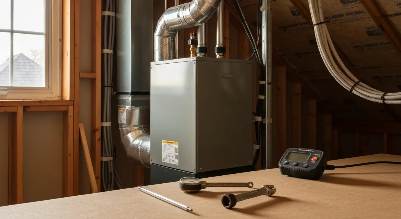 Gray metal furnace with silver flexible ductwork, copper piping, and wiring beside wood framing and attic insulation