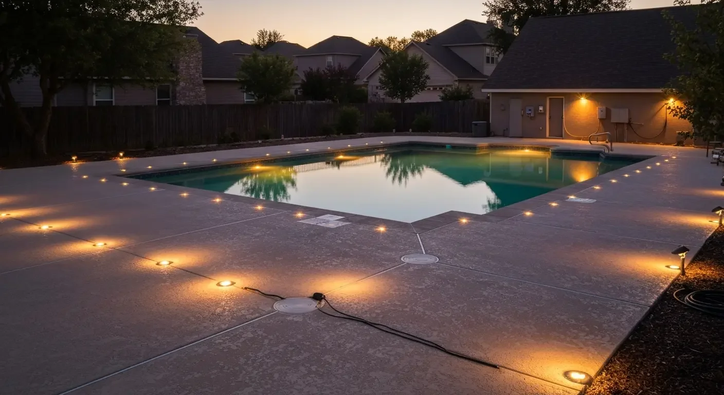Illuminated in-ground pool with textured concrete deck, recessed deck lights, and black low-voltage wiring at dusk