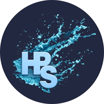 Circular HPS logo with 3D light-blue letters over a turquoise water splash on a dark navy background