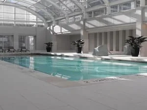 Indoor rectangular pool with arched glass skylight, white steel framing, gray tile deck, and potted plants