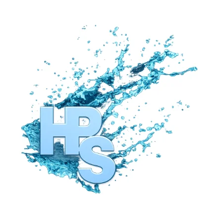 Glossy light blue 3D HPS letters over a turquoise water splash with droplets on white background