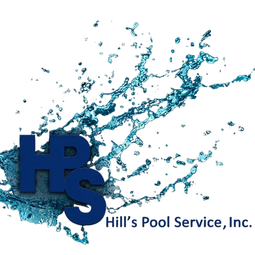 Hill's Pool Service logo with bold blue HPS letters over a turquoise water splash and dark blue company name text