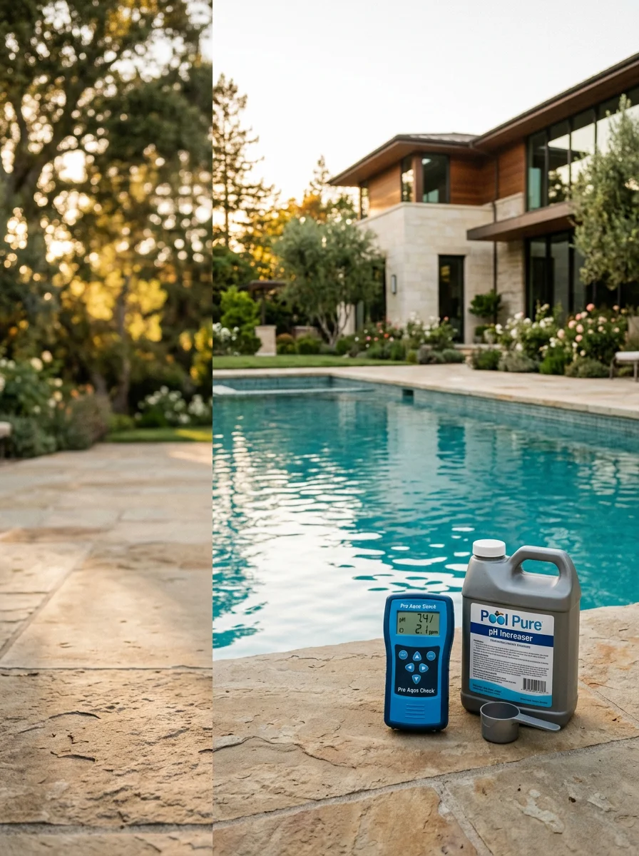 A pool technician checking water chemistry at an Atherton estate pool, with a large custom-built contemporary home visible behind the pool deck.