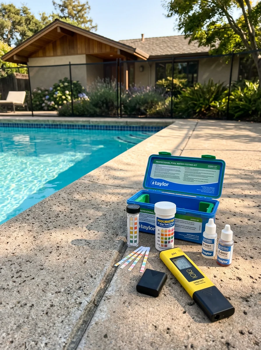 Close-up of a pool technician testing water chemistry at a Burlingame pool, with a 1950s-era home and established garden in the background.