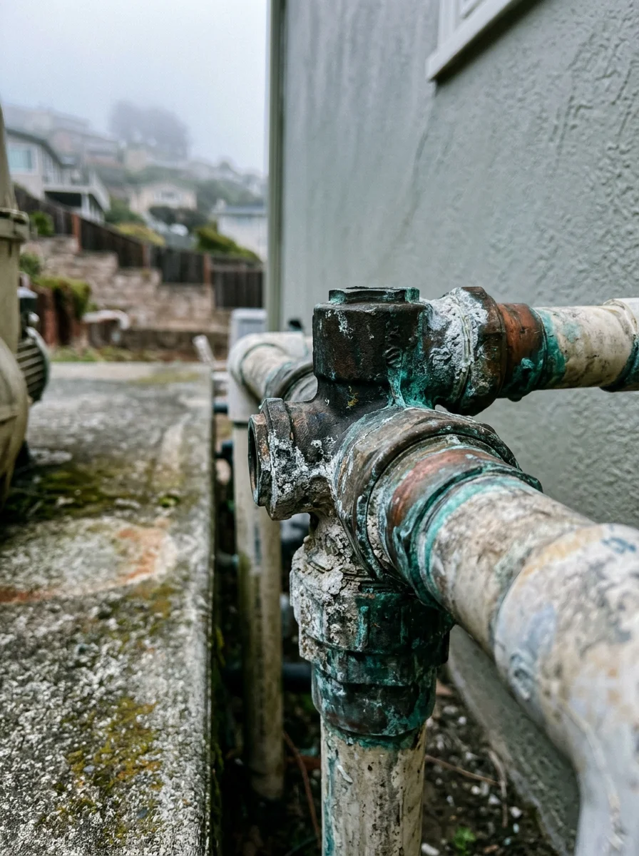 Close-up of corroded pool pump fittings on a Daly City property, showing the effect of coastal salt air on aging pool equipment.