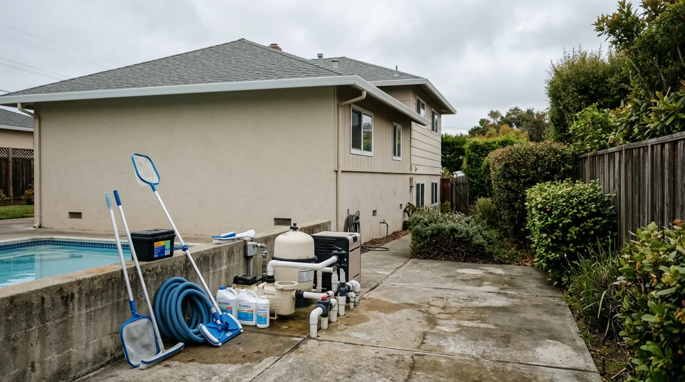 A technician inspecting pool equipment on a compact residential lot in Daly City, with a post-WWII split-level home visible in the background.