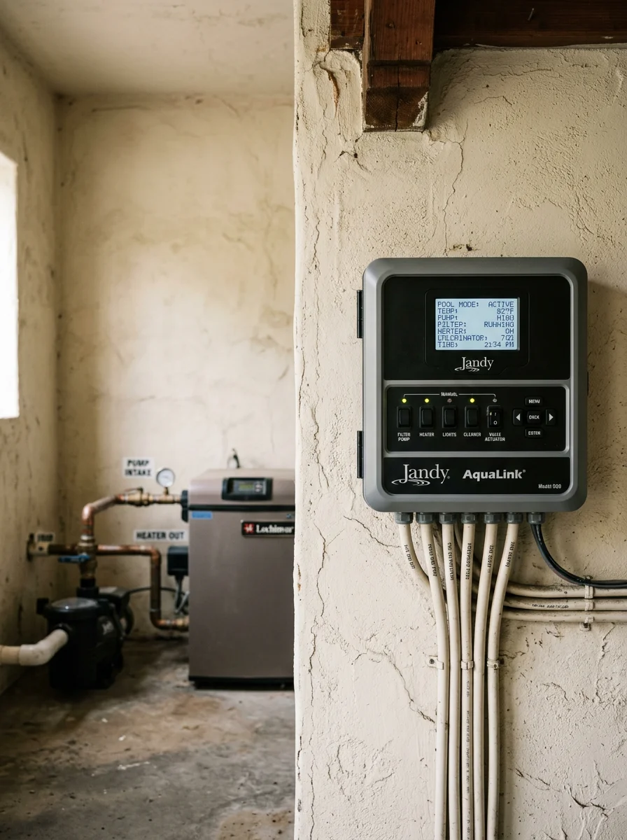 Pool automation control panel mounted near the equipment room of a Hillsborough estate property, with pump and heater visible in the background.