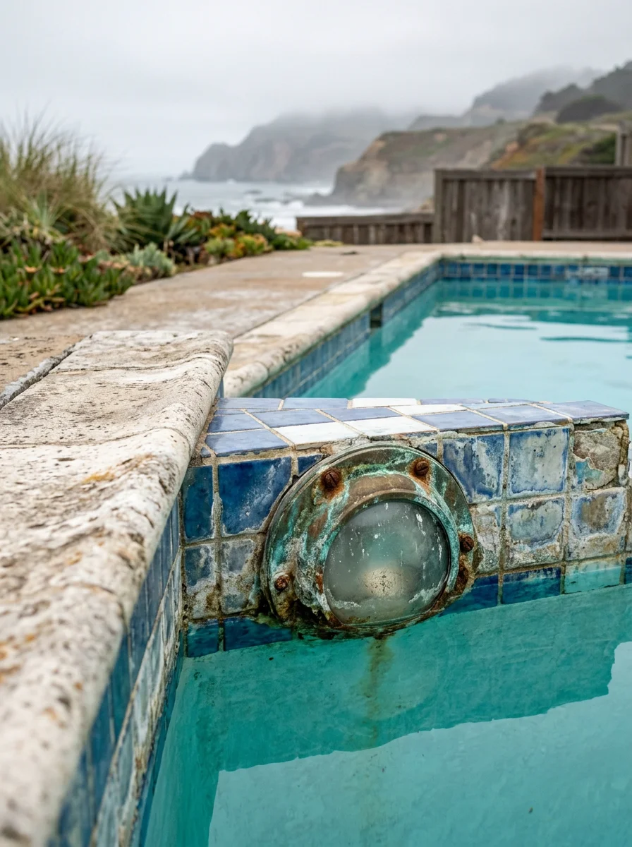 Corroded pool light fixture and metal fittings at a Pacifica property, illustrating the accelerated wear caused by salt air and coastal humidity.