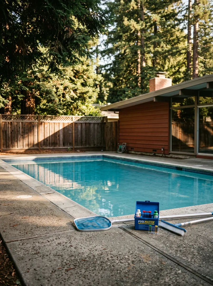 A cracked and settled pool deck at a Redwood City property, showing the deterioration typical of original concrete work from the post-war construction era.