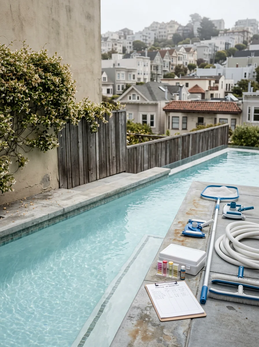 A pool technician inspecting a pool heater and automation panel at a San Francisco property, with a dense urban residential streetscape visible beyond the backyard fence.
