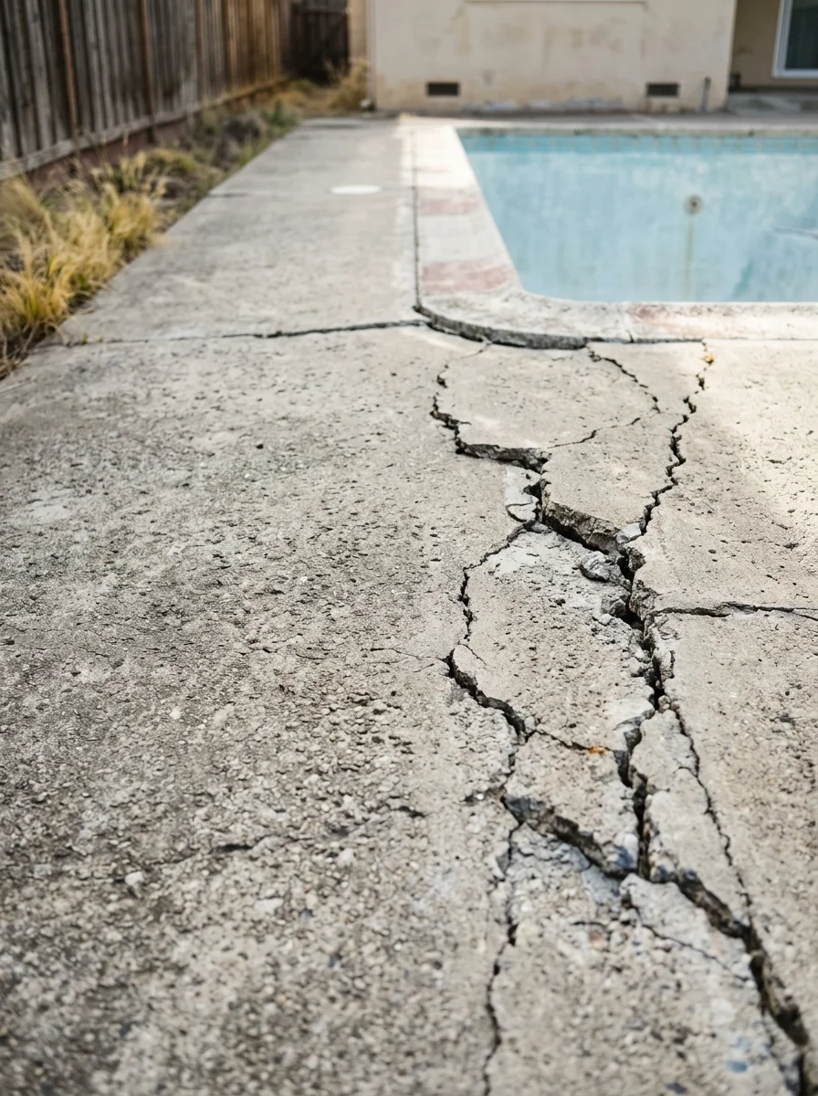 Cracked and settled pool deck concrete at a San Mateo property, showing the deterioration common in pools built in the 1950s and 1960s.