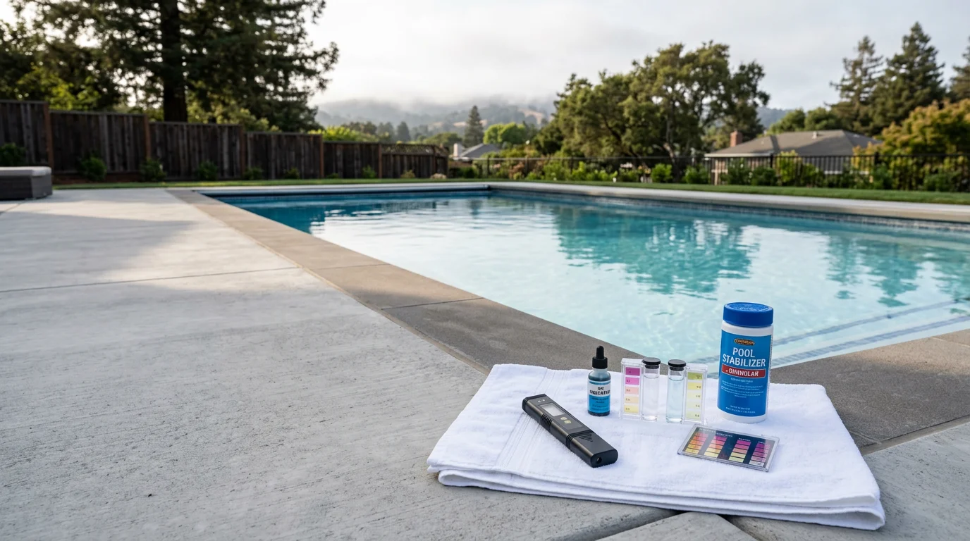 A pool technician testing water chemistry at a residential pool in Daly City, CA, with test results and chemical adjustment tools visible on the pool deck. Clear blue water reflects the coastal sky typical of the San Francisco Peninsula.