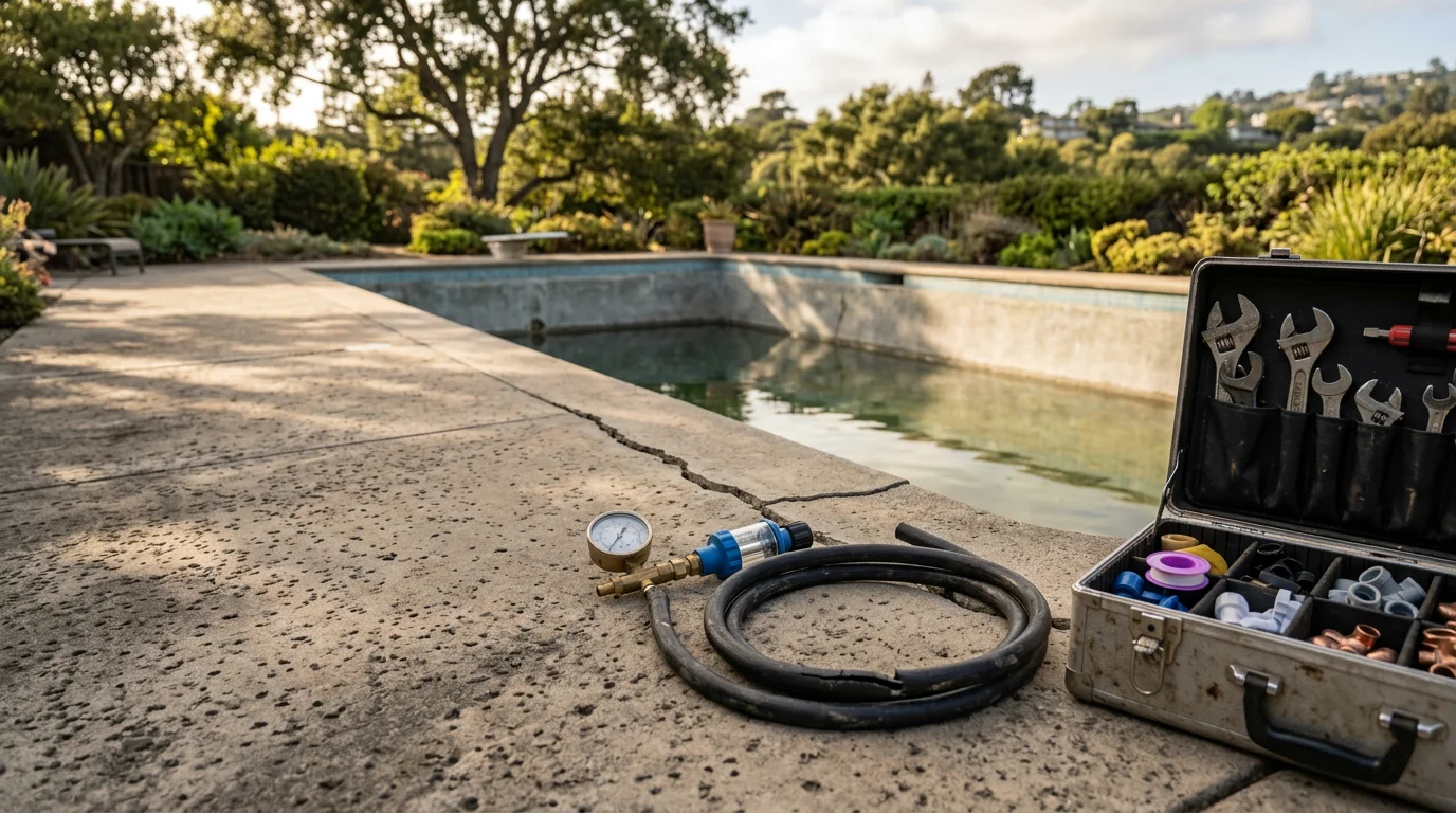A Hills Pool Service Inc. technician inspecting pool plumbing and equipment at a residential property in Daly City, California. The image shows an open equipment pad with pump and filter components being assessed during an emergency pool repair call.