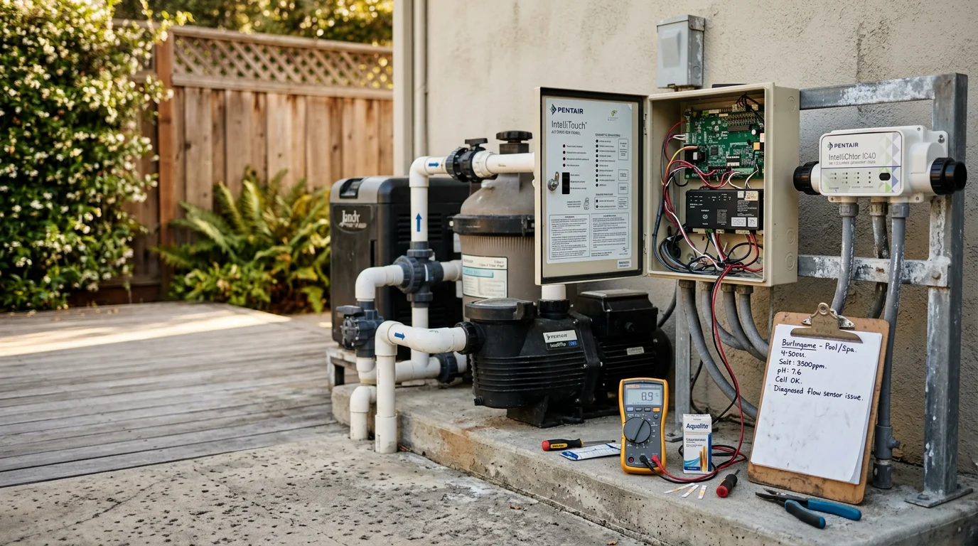 A pool equipment pad in a Daly City backyard showing a heater and automation control panel being inspected by a Hills Pool Service technician. The coastal residential setting is visible in the background.