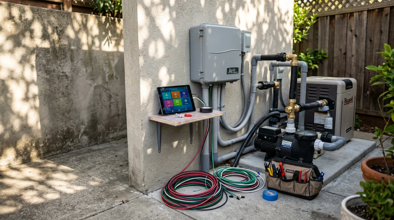 A residential pool equipment pad in Daly City, CA showing a newly installed pool automation controller connected to a pump and heater. A homeowner views the pool control interface on a smartphone in the backyard.