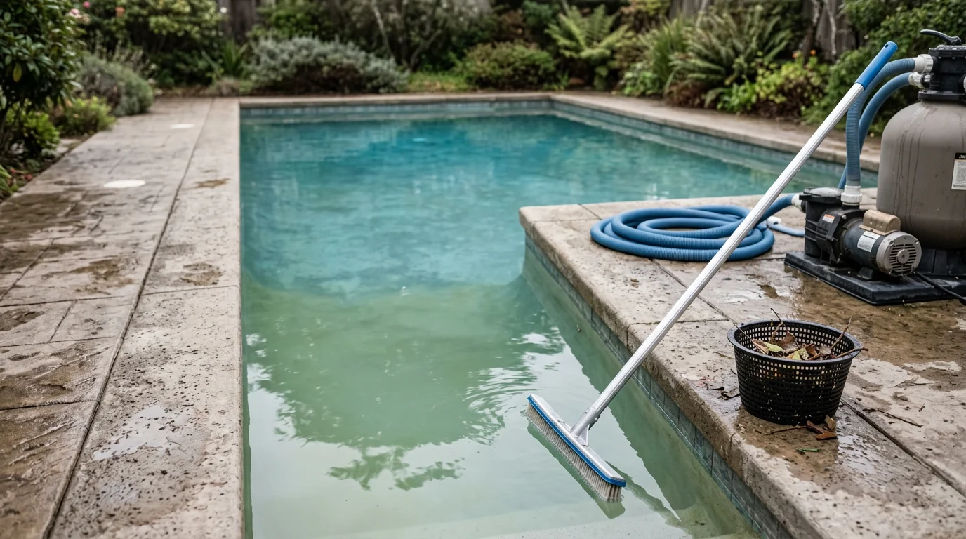 A residential pool in Daly City, California after a professional cleanup service, showing clear blue water, brushed tile walls, and a clean deck on a coastal overcast day.
