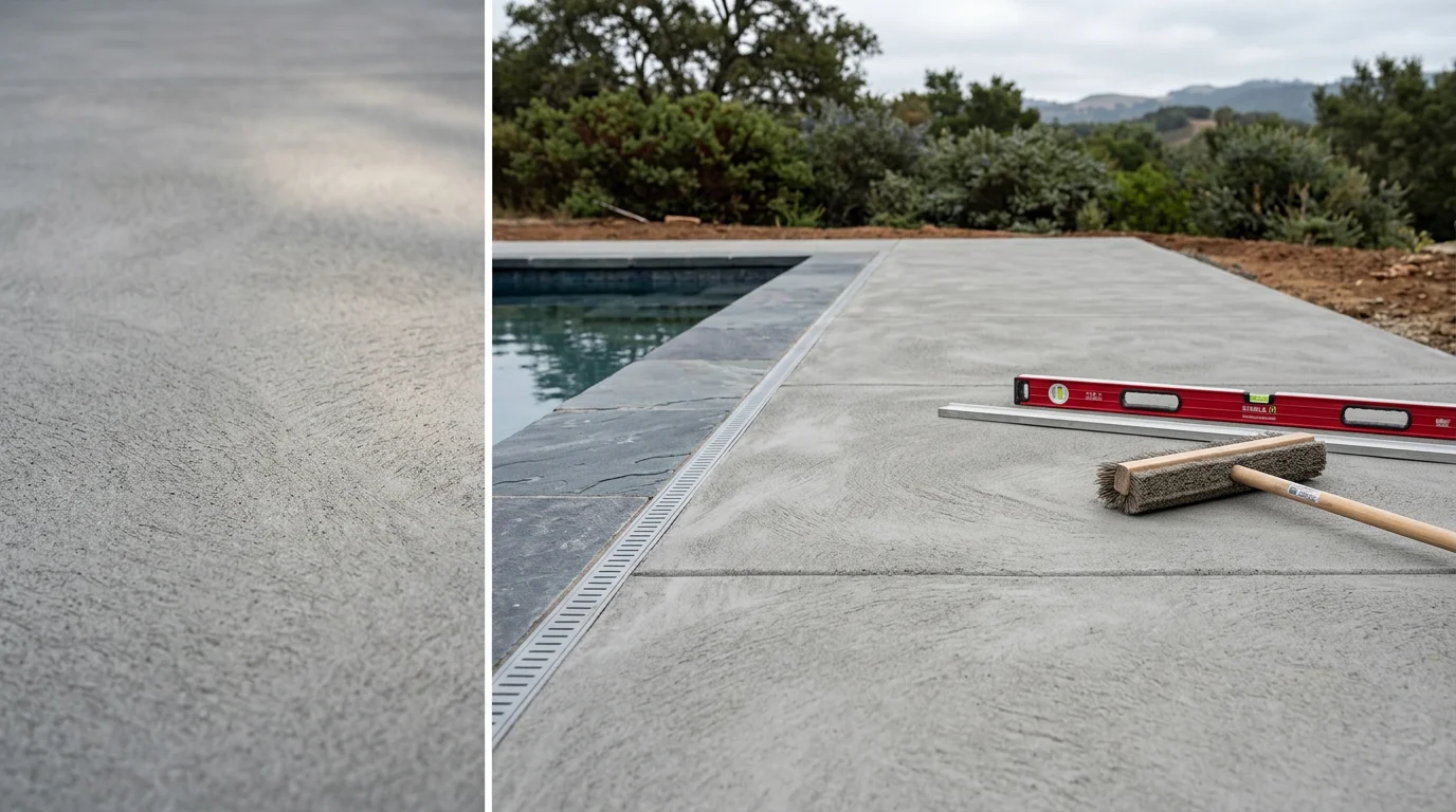 Newly installed pool deck surrounding a residential in-ground pool in Daly City, California, with a slip-resistant surface and clean edge detail. The finished deck connects the pool to the backyard living area on a typical Peninsula property.