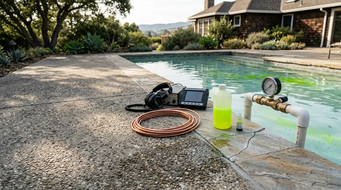 A pool service technician performing dye testing along the skimmer and shell of a residential swimming pool in Daly City, CA. The pool deck and surrounding landscaping are visible in the background.