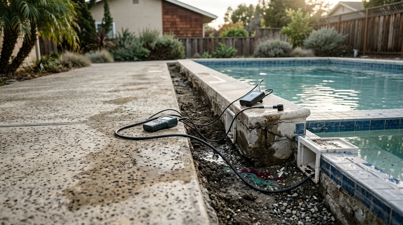A pool technician inspecting the skimmer and waterline of a residential inground pool in Daly City, California. The pool deck shows signs of water loss around the skimmer fitting, with the technician preparing to assess the leak source.