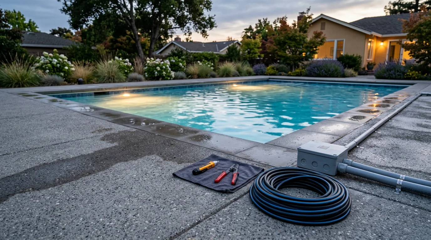Underwater pool lighting installation in a residential backyard pool in Daly City, California, showing illuminated blue water at dusk with the pool deck visible along the edge.