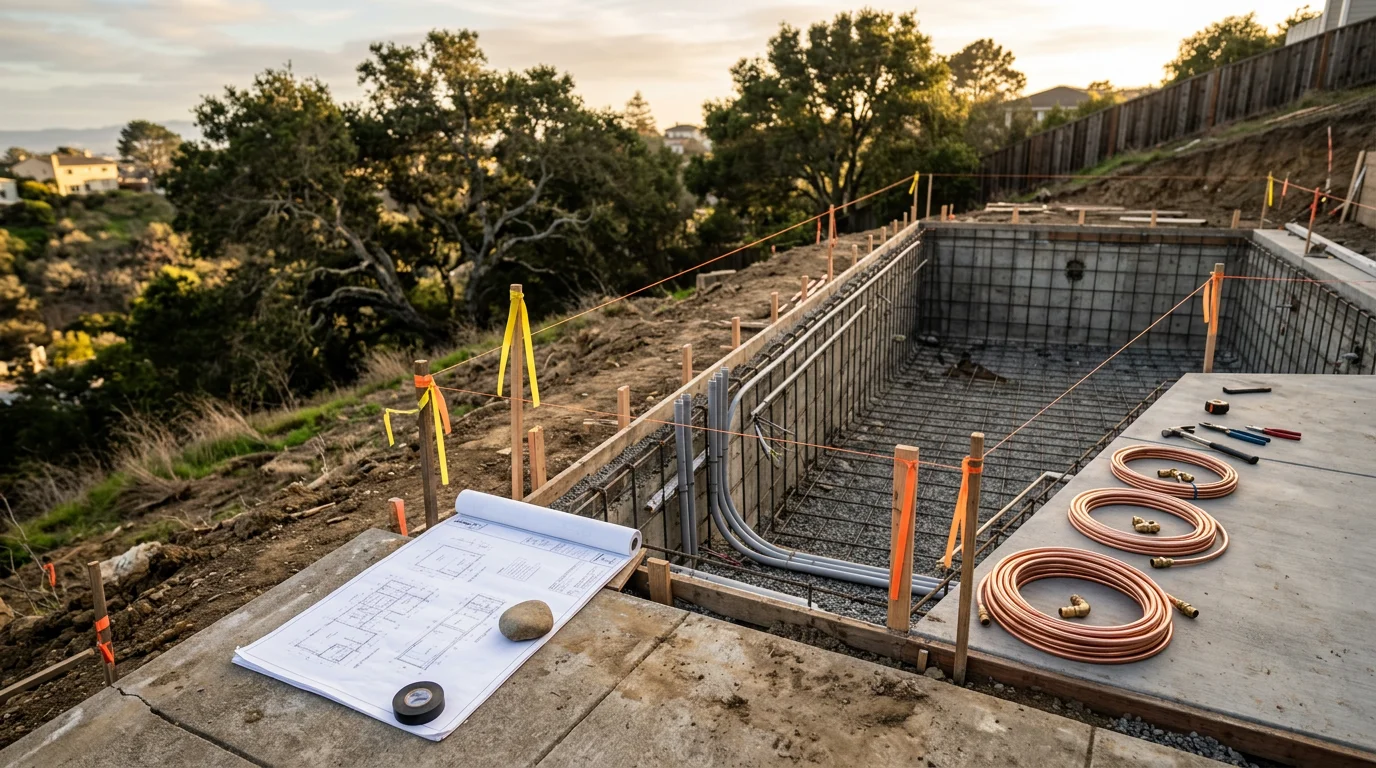 A newly constructed inground swimming pool in a Daly City, CA residential backyard, showing a finished concrete shell with clean coping and surrounding patio area ready for use.