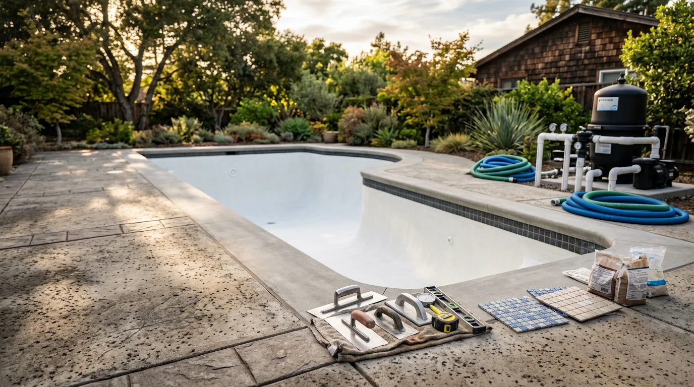 A freshly remodeled residential swimming pool in Daly City, CA, showing a smooth new plaster surface, clean tile line, and updated coping along the pool edge. The backyard setting reflects a typical Bay Area Peninsula home with the pool ready for use after a full Hills Pool Service Inc. remodel.