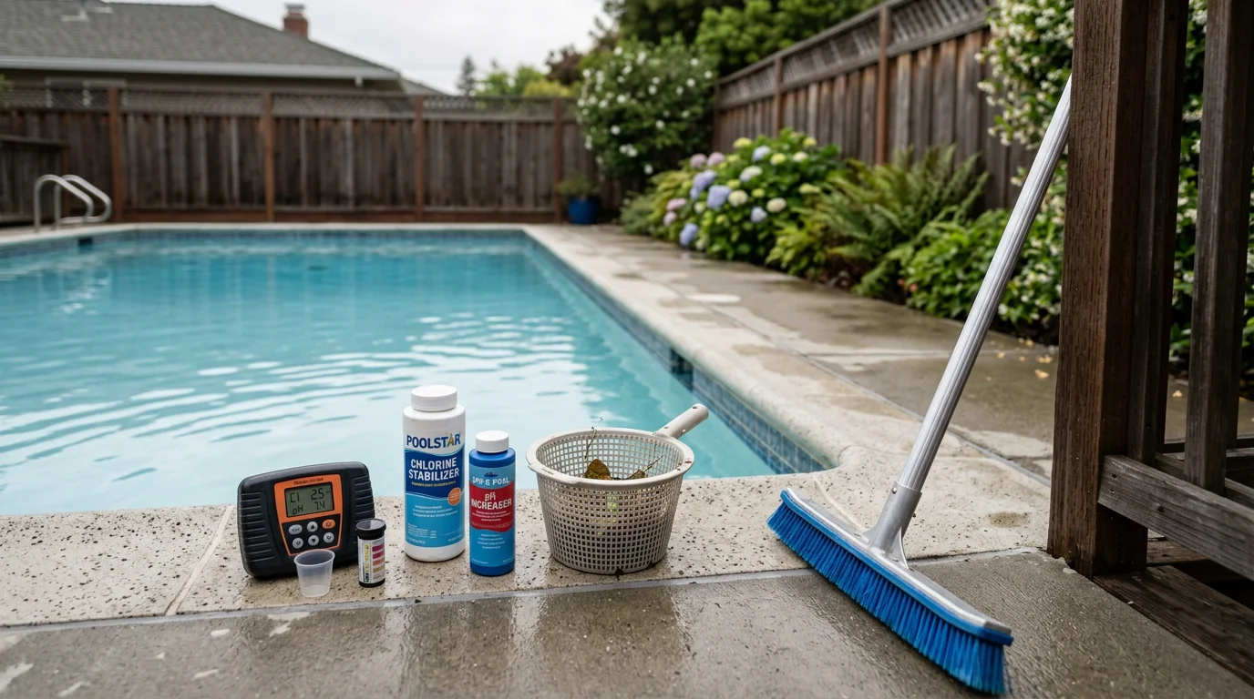 A clear, blue residential swimming pool in a Daly City backyard with a pool service technician testing water chemistry during a professional pool startup visit. Pool equipment including a pump and filter are visible in the background.