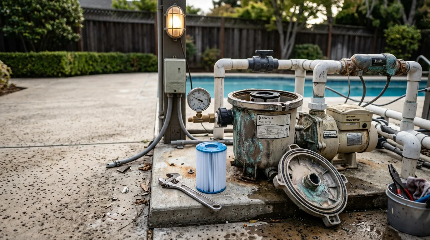 A pool technician inspecting a residential pool pump and filter system at a Daly City home, with the equipment pad open and circulation components visible. The Pacific coastal hillside setting is visible in the background.