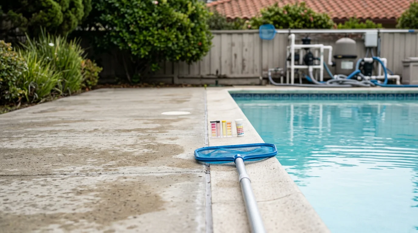 A clean, clear backyard swimming pool in Daly City, California, with a technician from Hills Pool Service Inc. testing water chemistry during a seasonal maintenance visit. Pool equipment and filter housing are visible in the background.