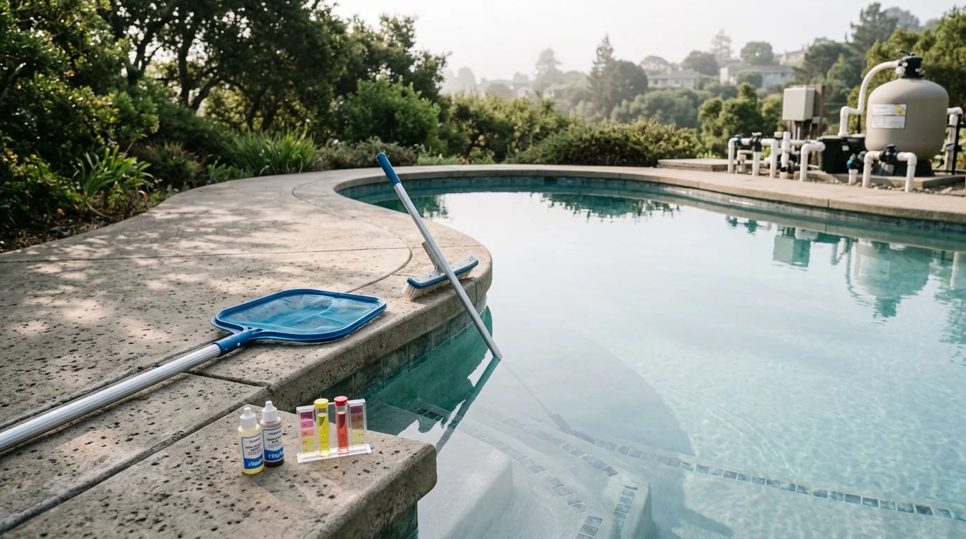 A Hills Pool Service Inc. technician skimming and brushing a residential pool in Daly City, CA, with clear blue water and a hillside backyard visible in the background.